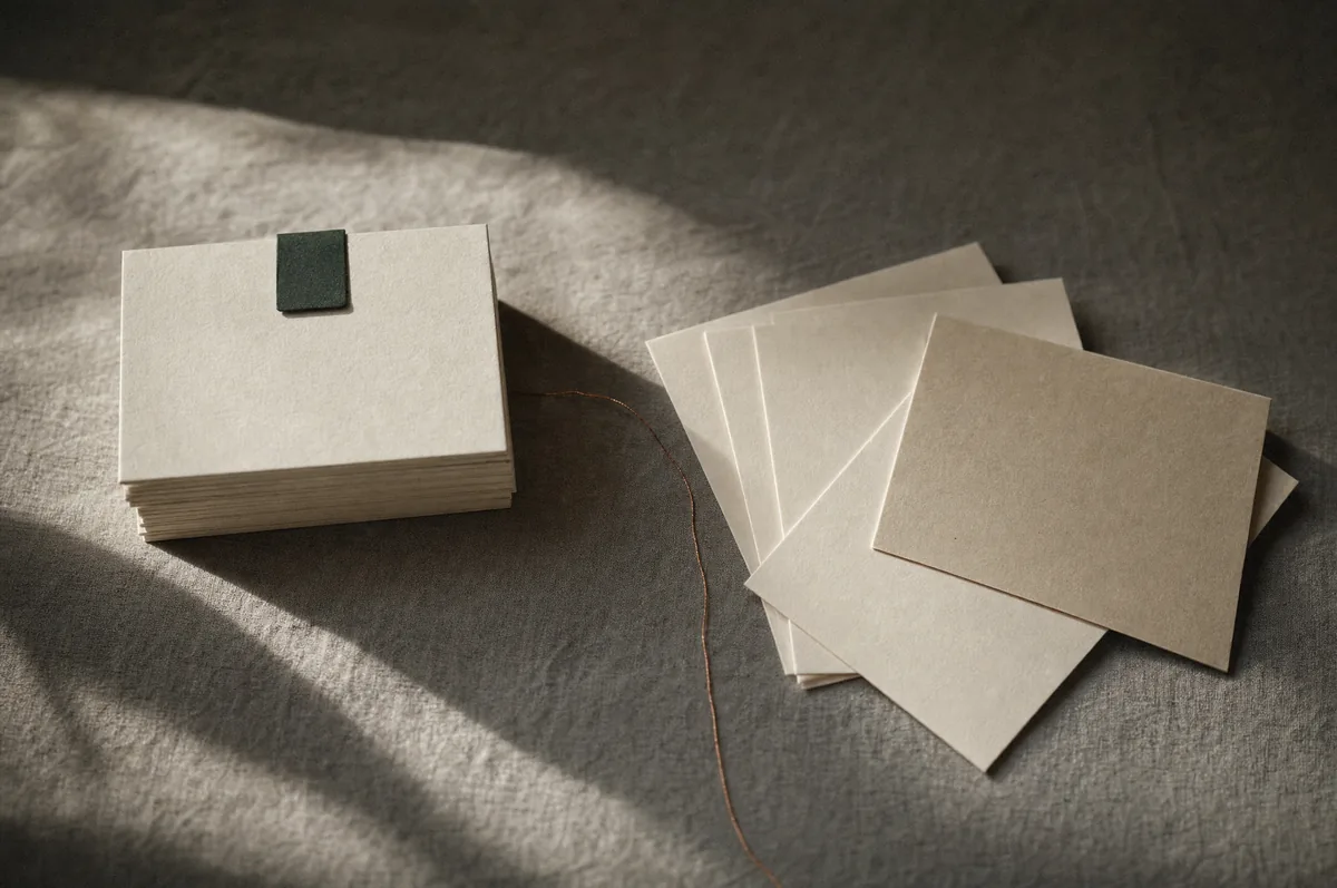 Blank cream index cards in two groups on linen: one squared-up tabbed stack, one loose fan set aside.