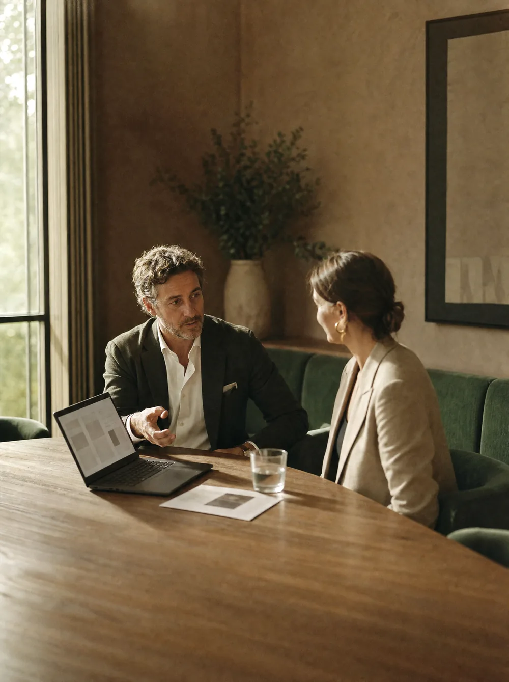 Illustrative concept of adults discussing a workflow at a small AI class; not a photograph of a past event.